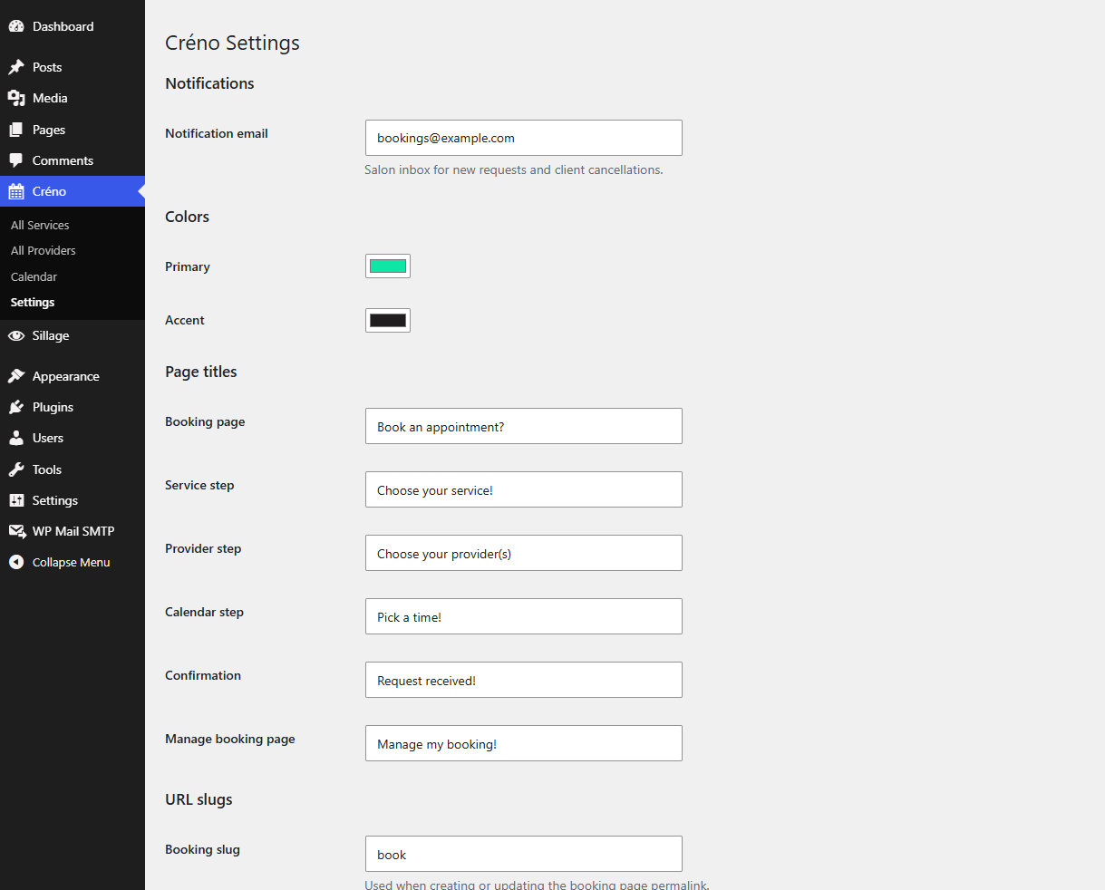 Settings page