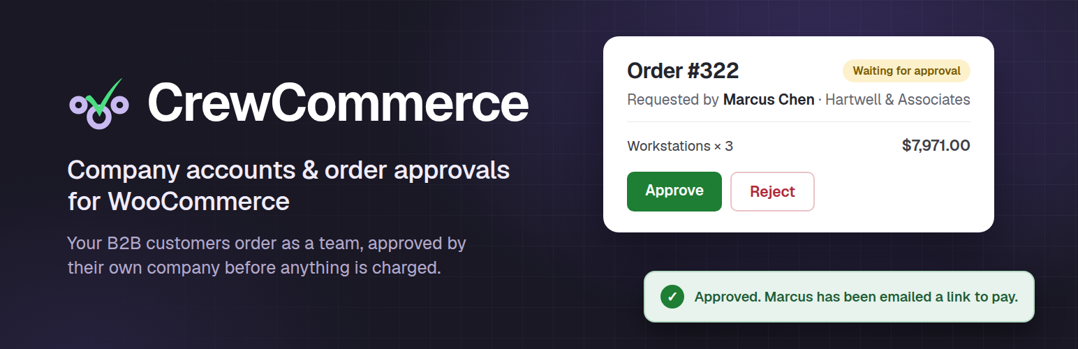 WordPress 外掛 CrewCommerce – Company Accounts & Order Approvals for WooCommerce 的封面圖片