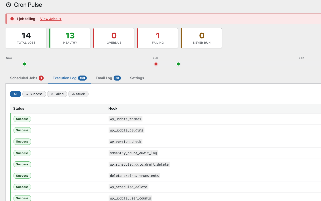 Execution log with run history, status filter chips, duration sparklines, and paginated entries