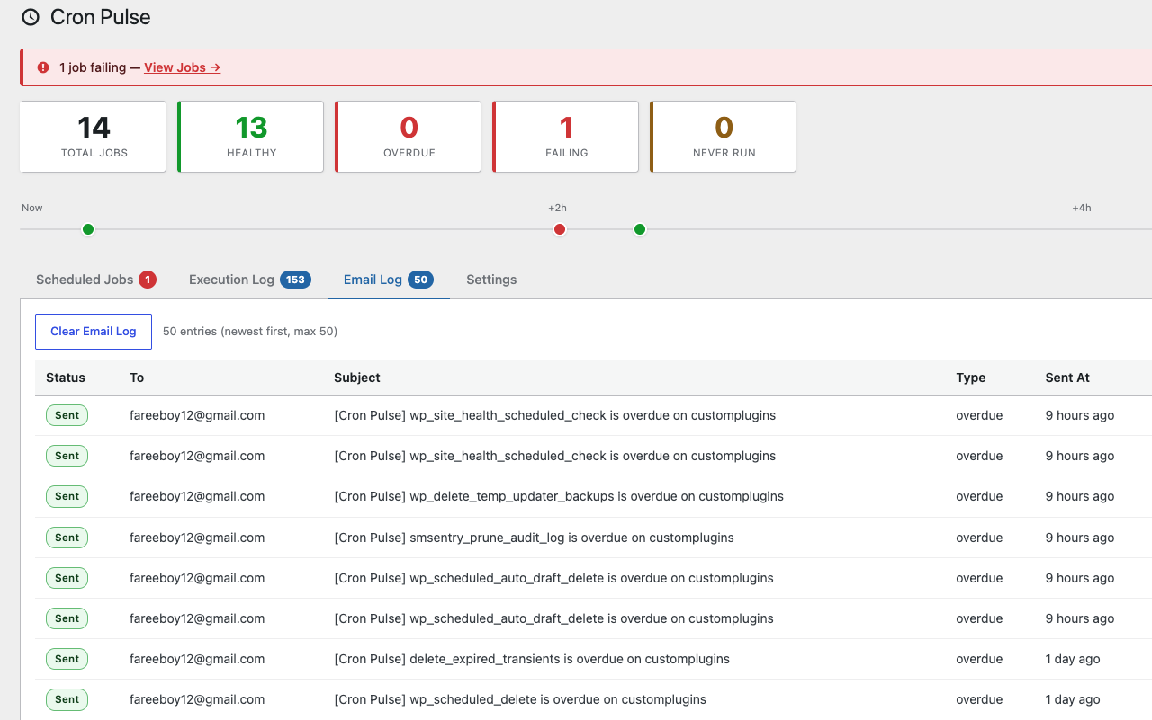 Email log showing delivery history with per-entry status chips and the SMTP debug log panel