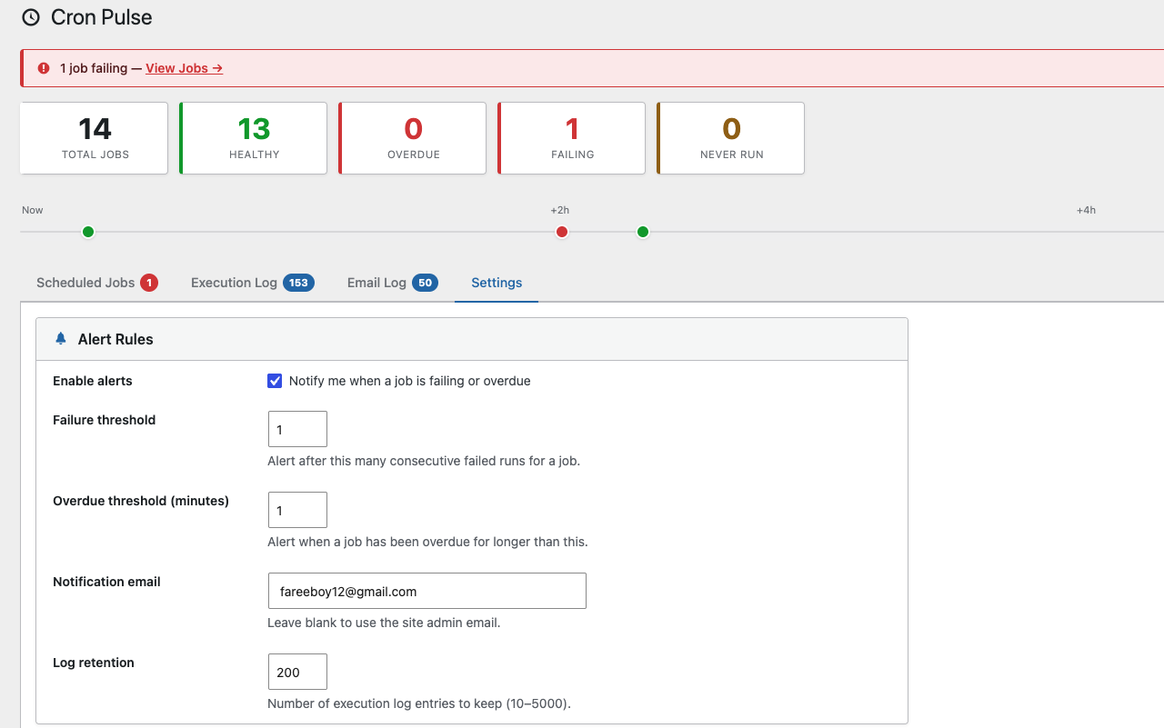 Settings — SMTP configuration, webhook alerts, and per-job overrides in a clean two-column layout