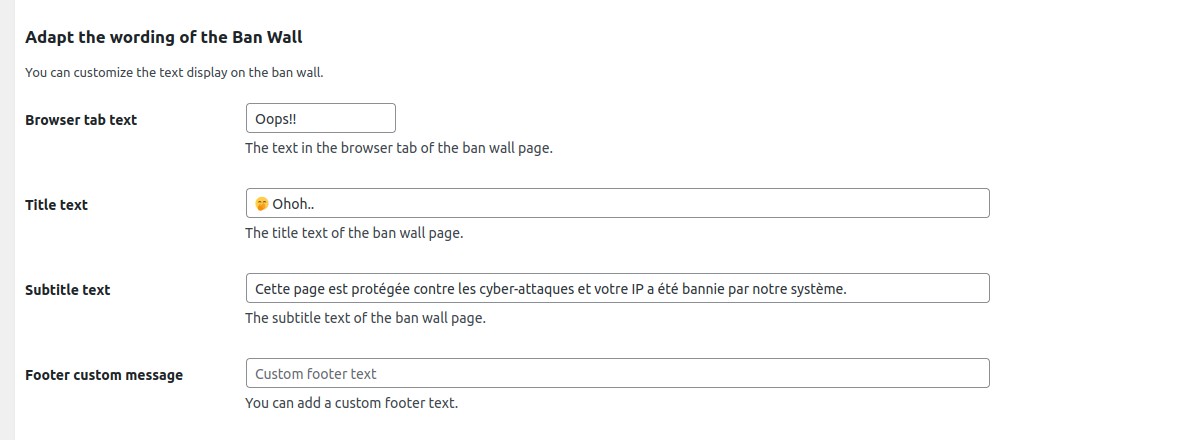 Customize the wall pages - Adapt the "ban wall" page text content with your own