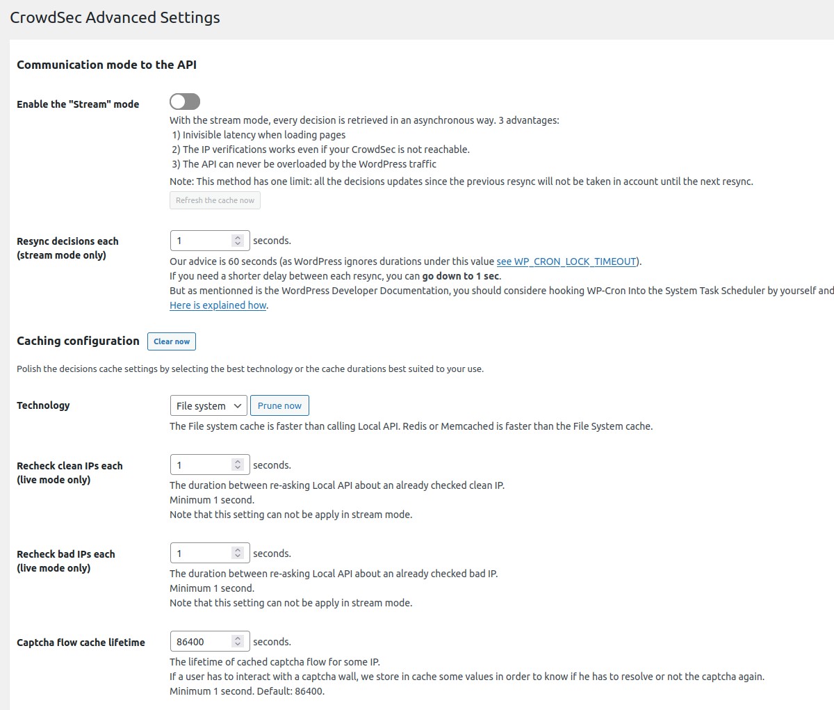 Advanced settings - Select the live or the stream mode. Select a cache engine (Classical file system, Redis or Memcached). Adjust the cache durations.