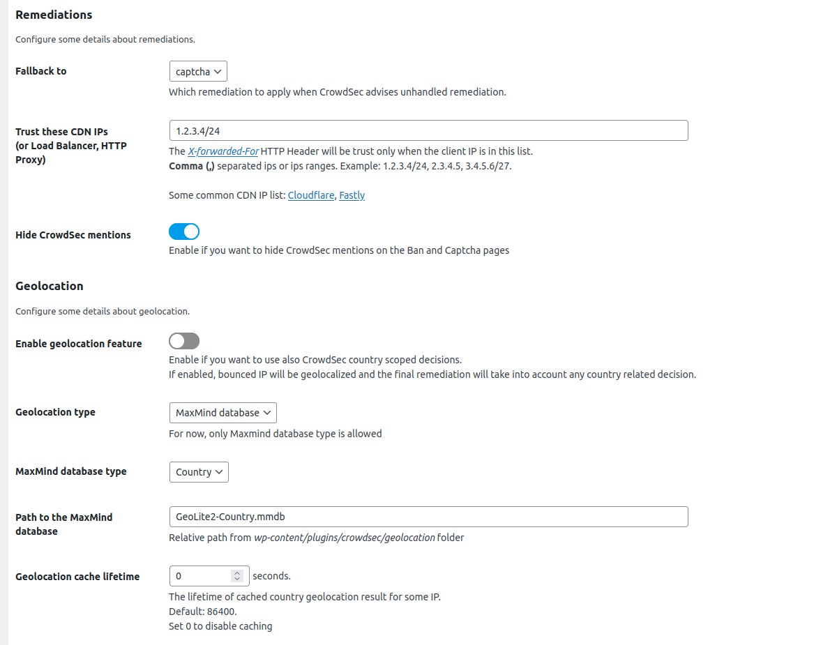 Advanced settings - Set the CDN or Reverse Proxies to trust and configure Geolocation feature.