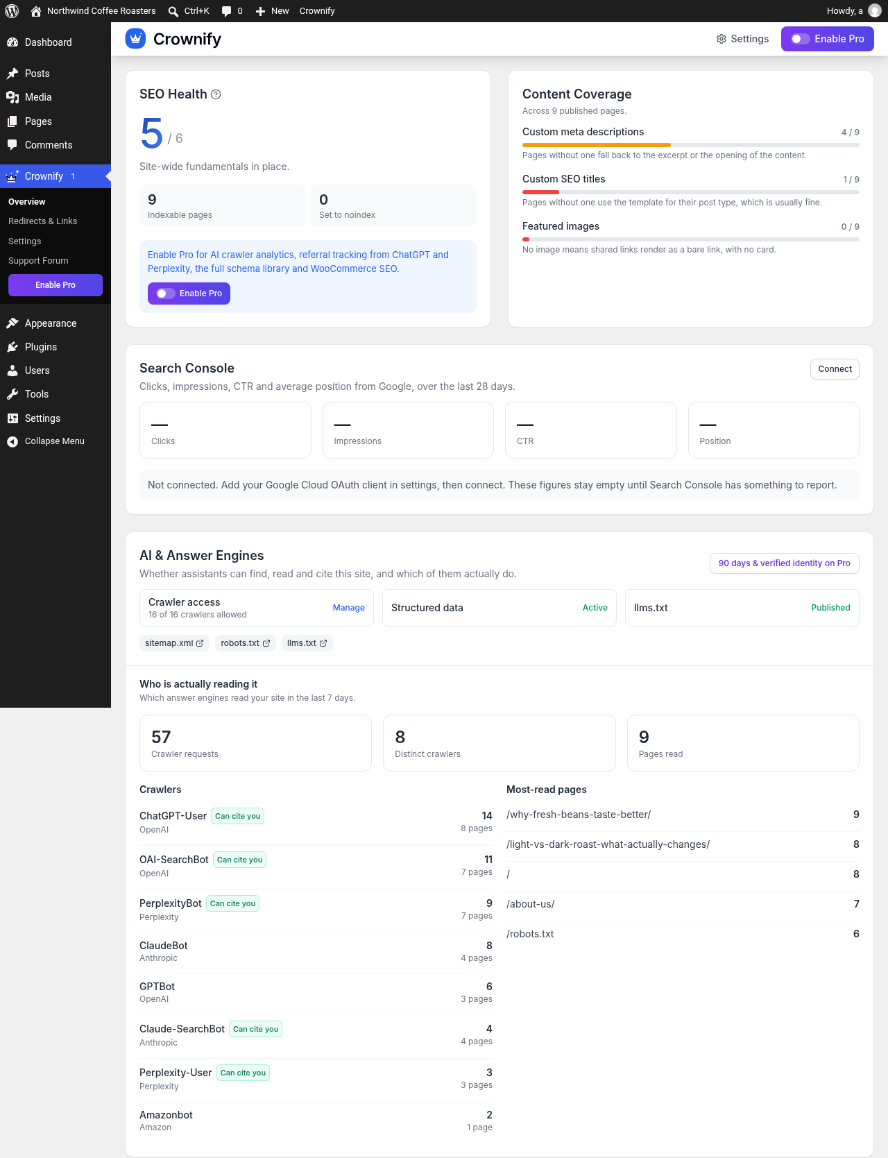Overview – SEO health, content coverage, the Search Console summary and which AI crawlers are reading your site.