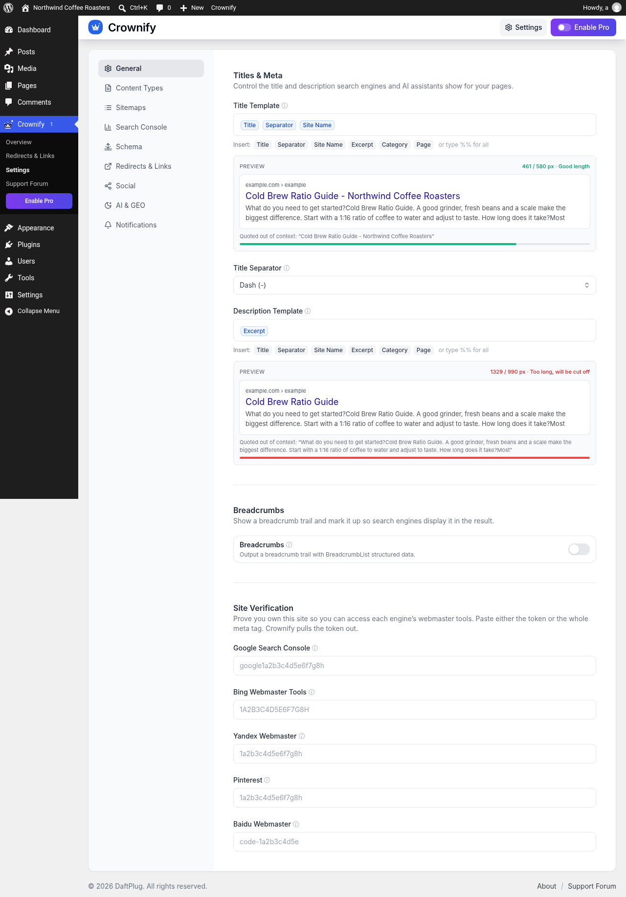 Titles & Meta – Title and description templates with a live Google preview and pixel-accurate length meters.