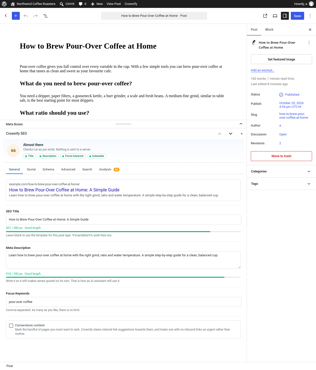 Post Editor – The Crownify SEO panel with a live analysis score, Google preview, SEO title, meta description and focus keywords.