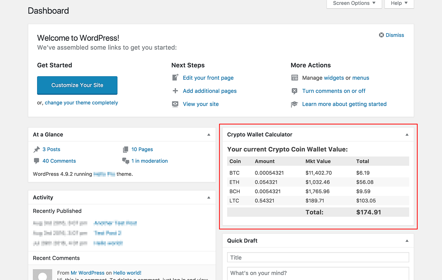 "Crypto Wallet Calculator" Dashboard Widget