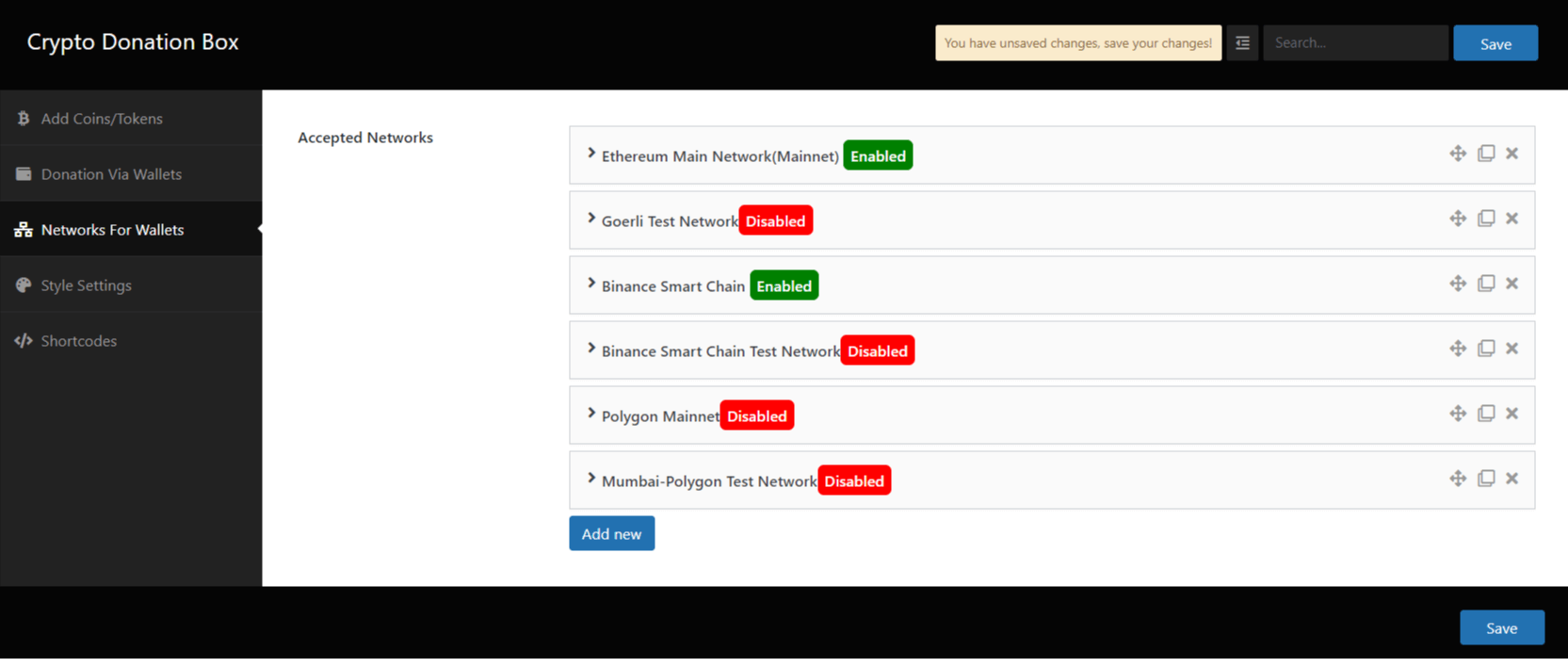 Configure Networks for the wallet settings panel.