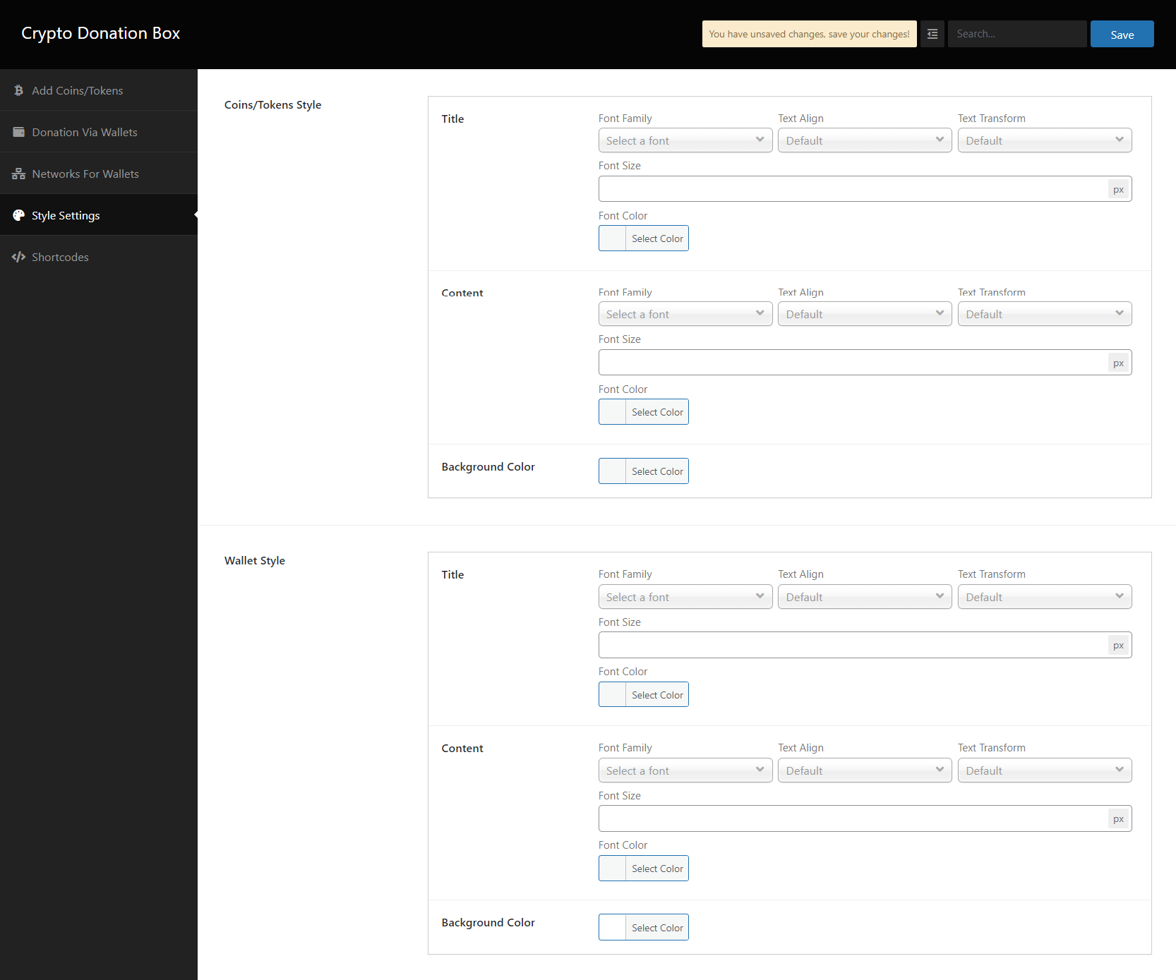 Cryptocurrency Payment & Donation Box style settings.