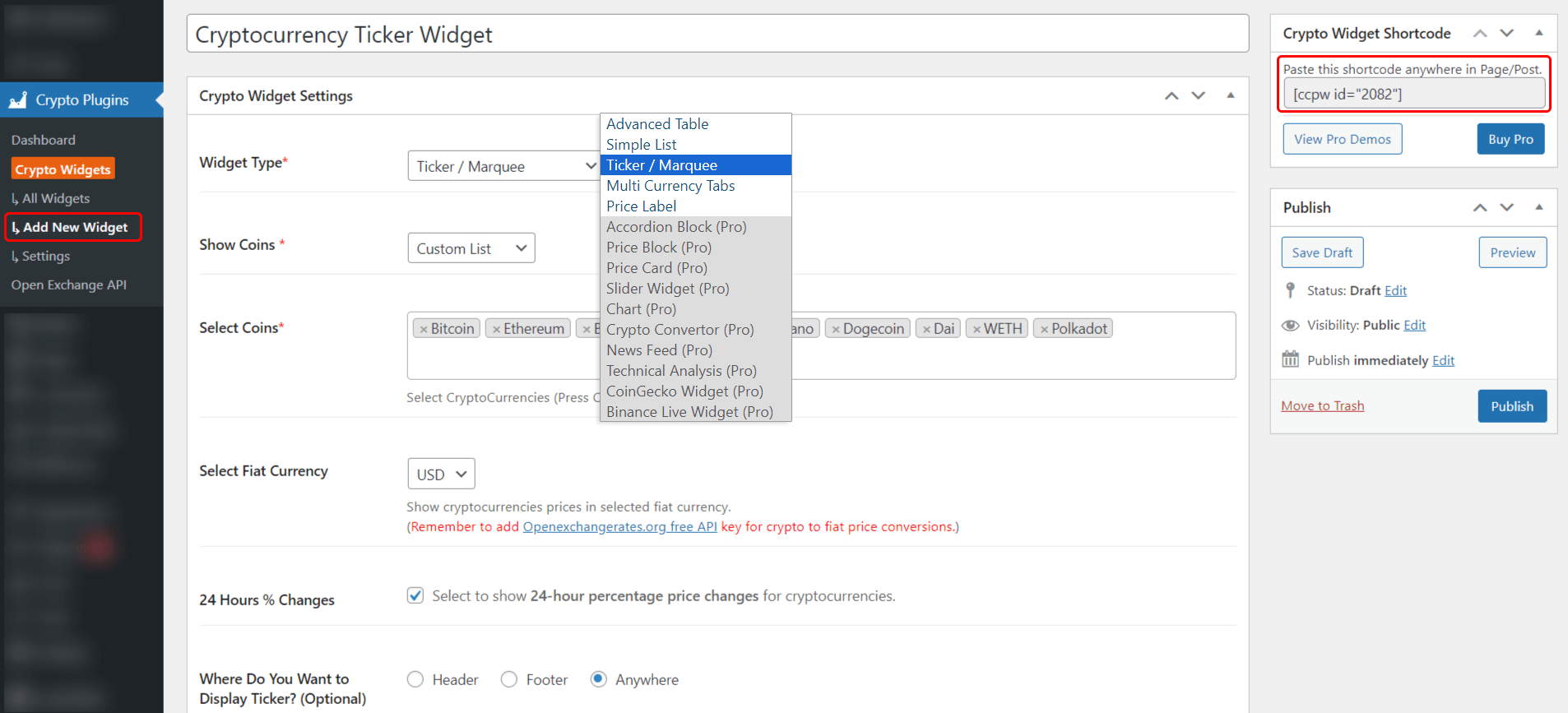 Cryptocurrency widgets plugin settings.