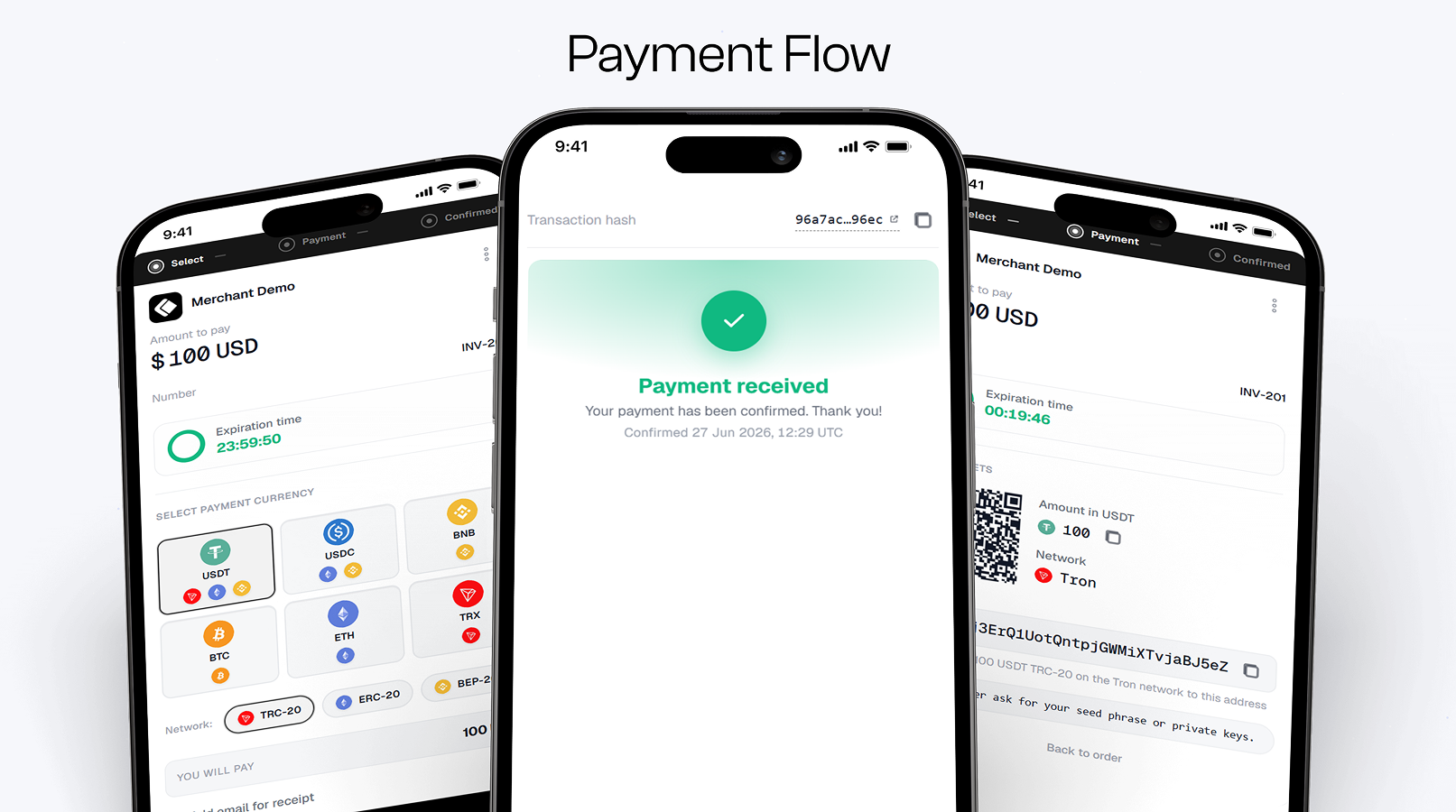 Hosted checkout payment flow on mobile — currency and network selection, payment, and confirmation