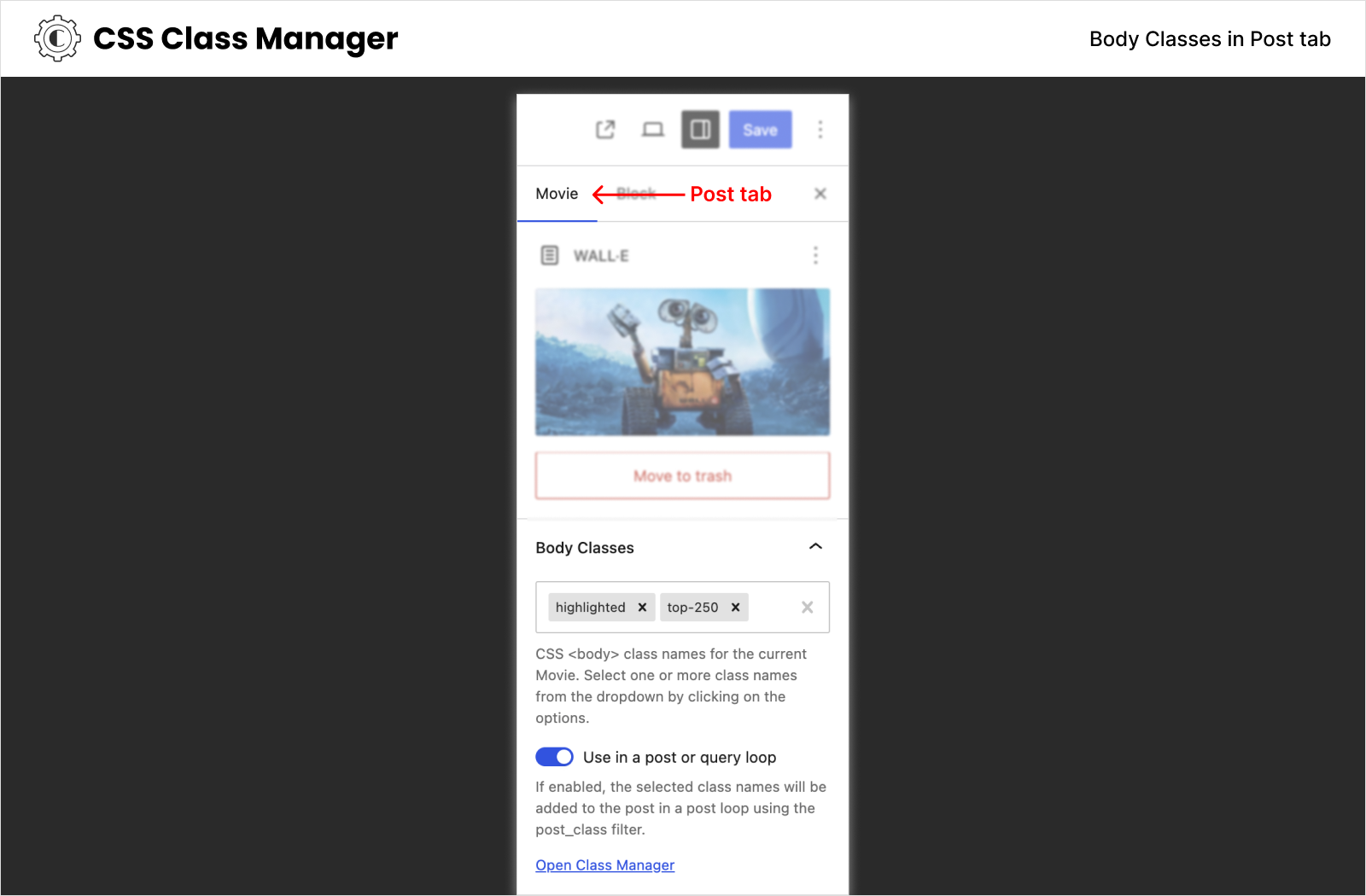 Add body classes to your posts, pages or custom post types with the Body Classes control located in the Post Tab in the post editor.