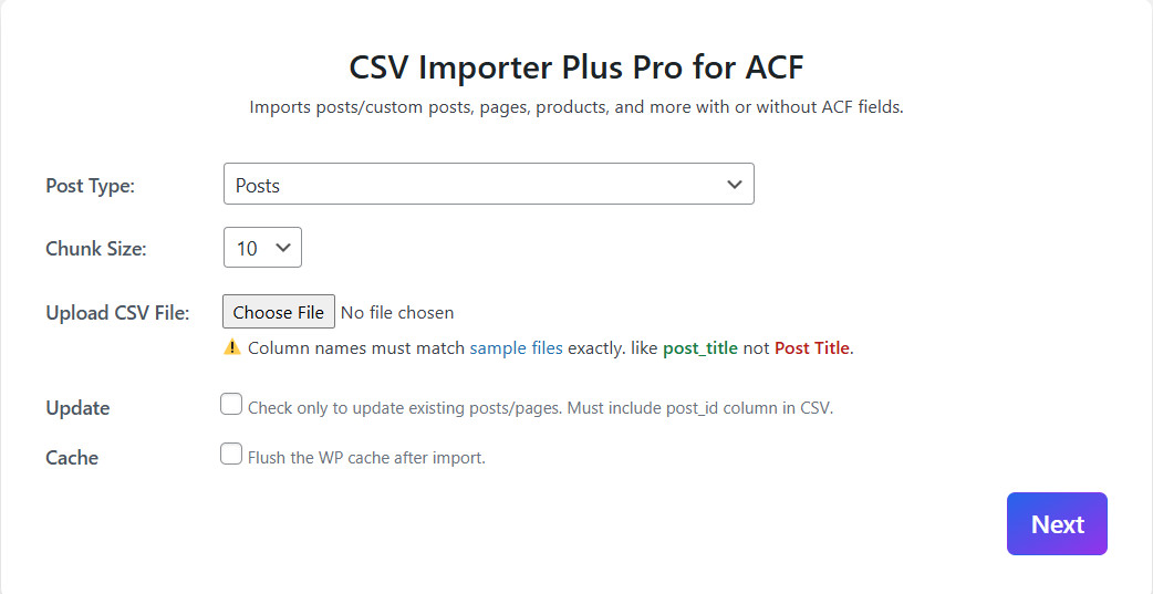 Select post type, chunk size & upload CSV.
