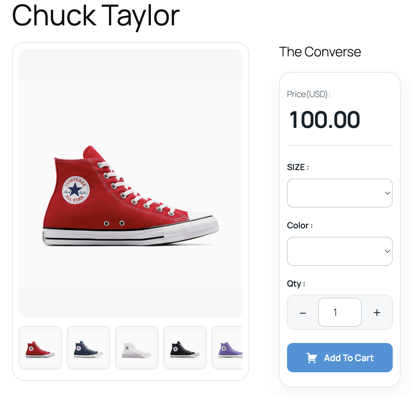 Product page with gallery and purchase controls.