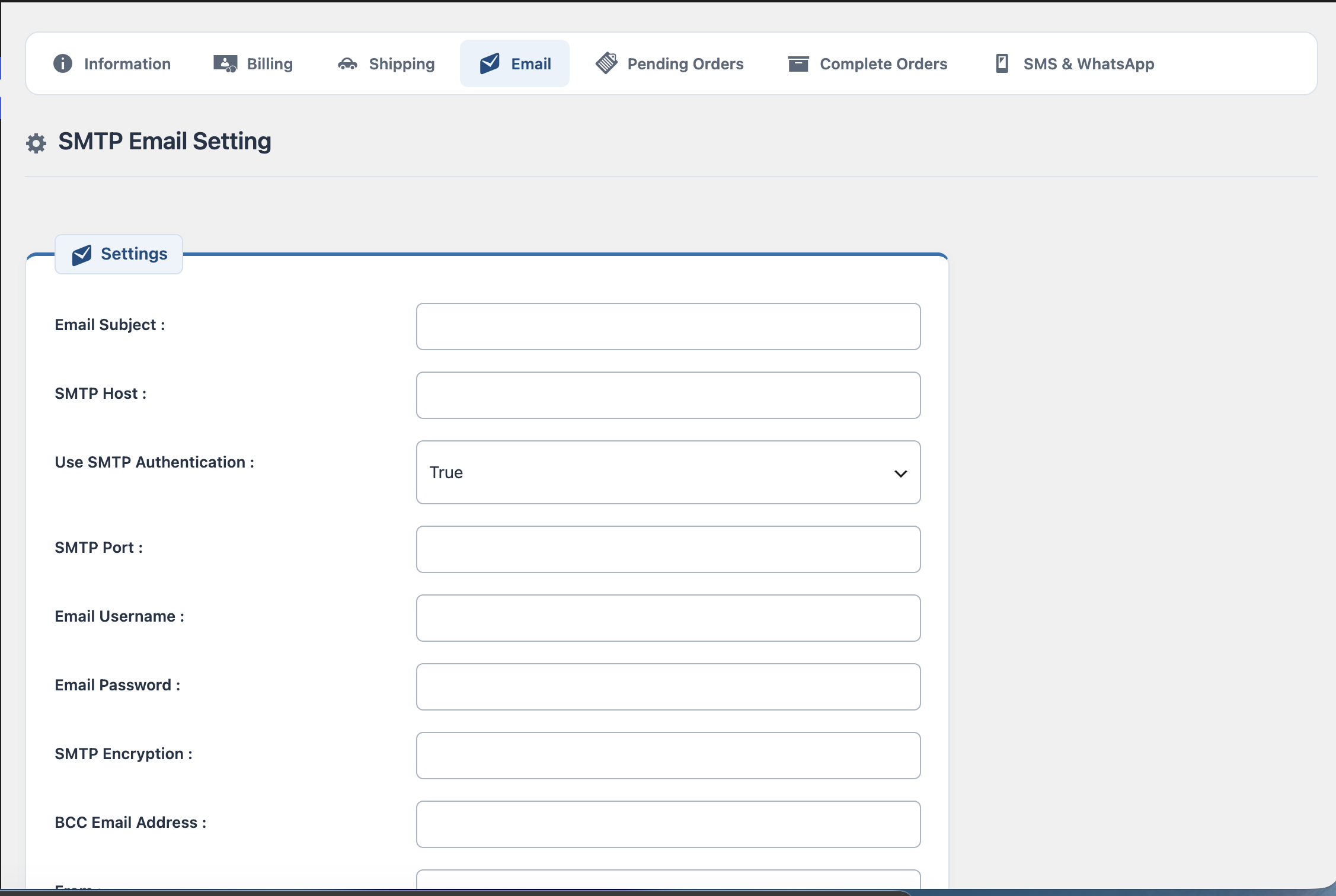Email and SMTP settings.