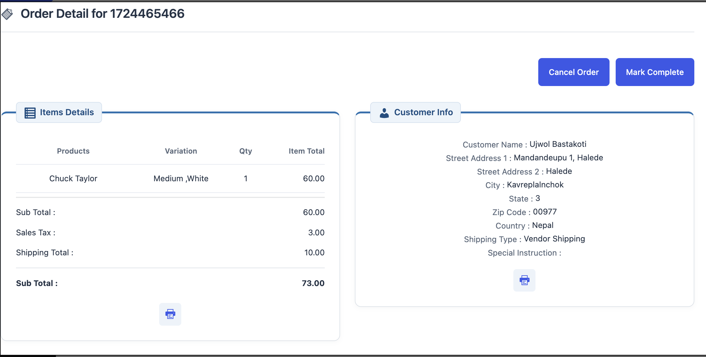 Order details.