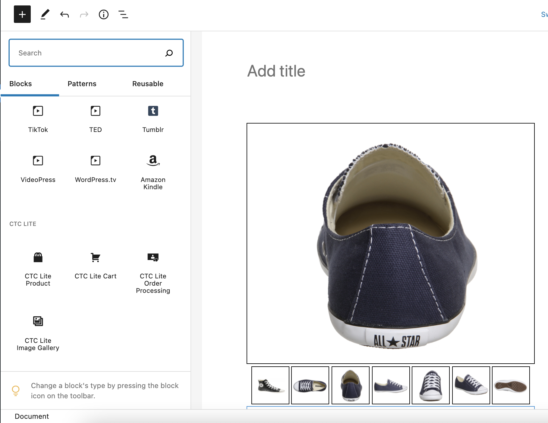 Earlier Gutenberg block interface.
