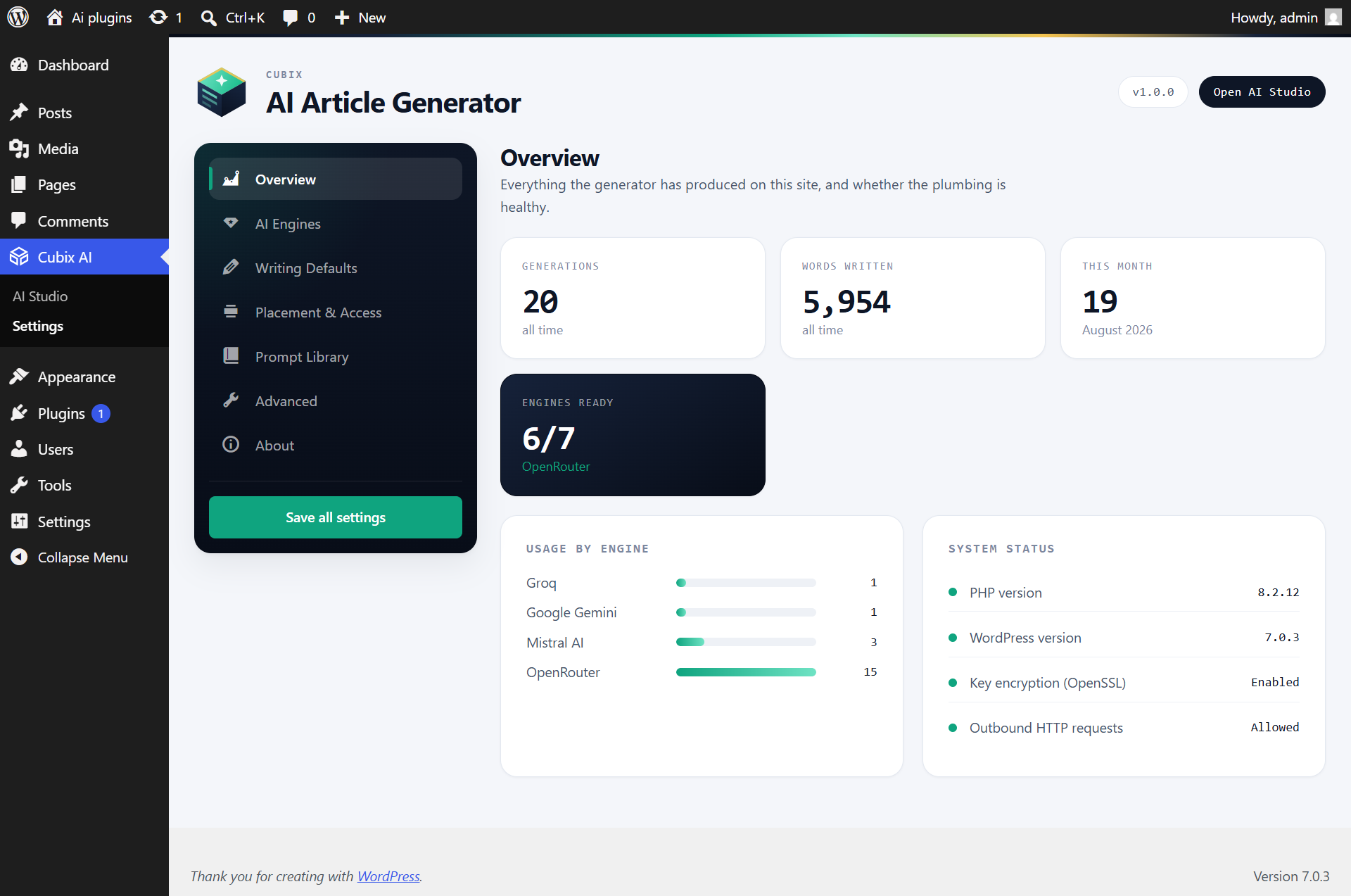 Overview — usage statistics, per-engine breakdown and a live system status check.
