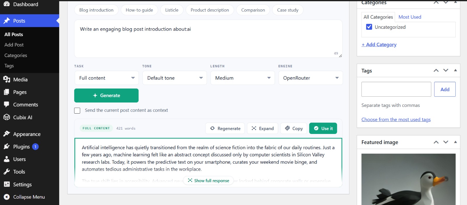 Generated content with a live word count, Regenerate, Copy and one-click Use it.