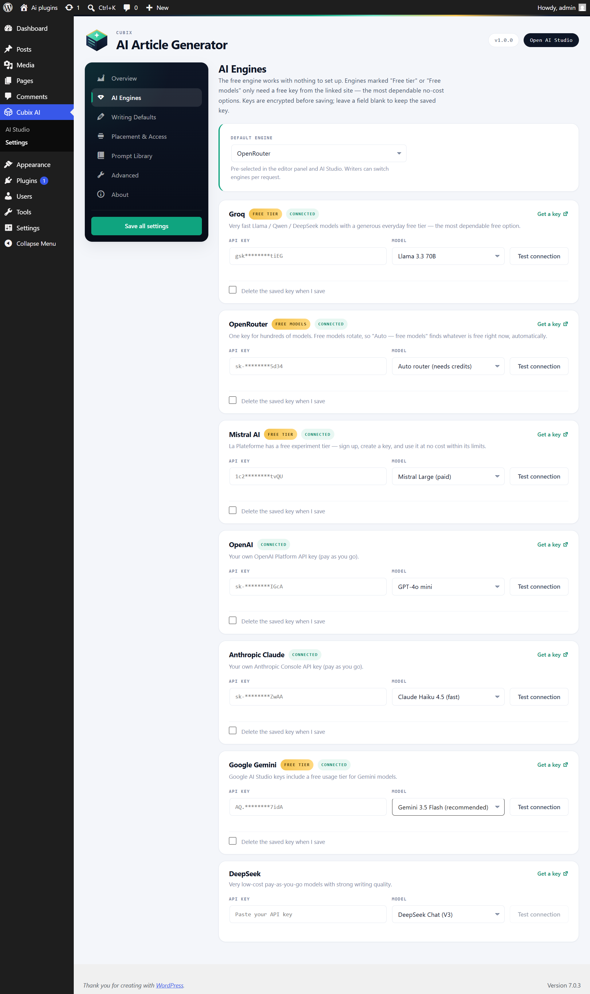 AI Engines — seven providers with encrypted keys, model pickers and one-click connection tests.