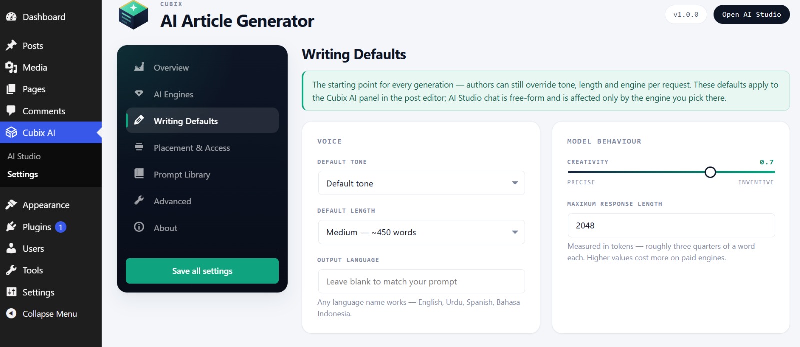 Writing Defaults — tone, length, output language and creativity for every generation.