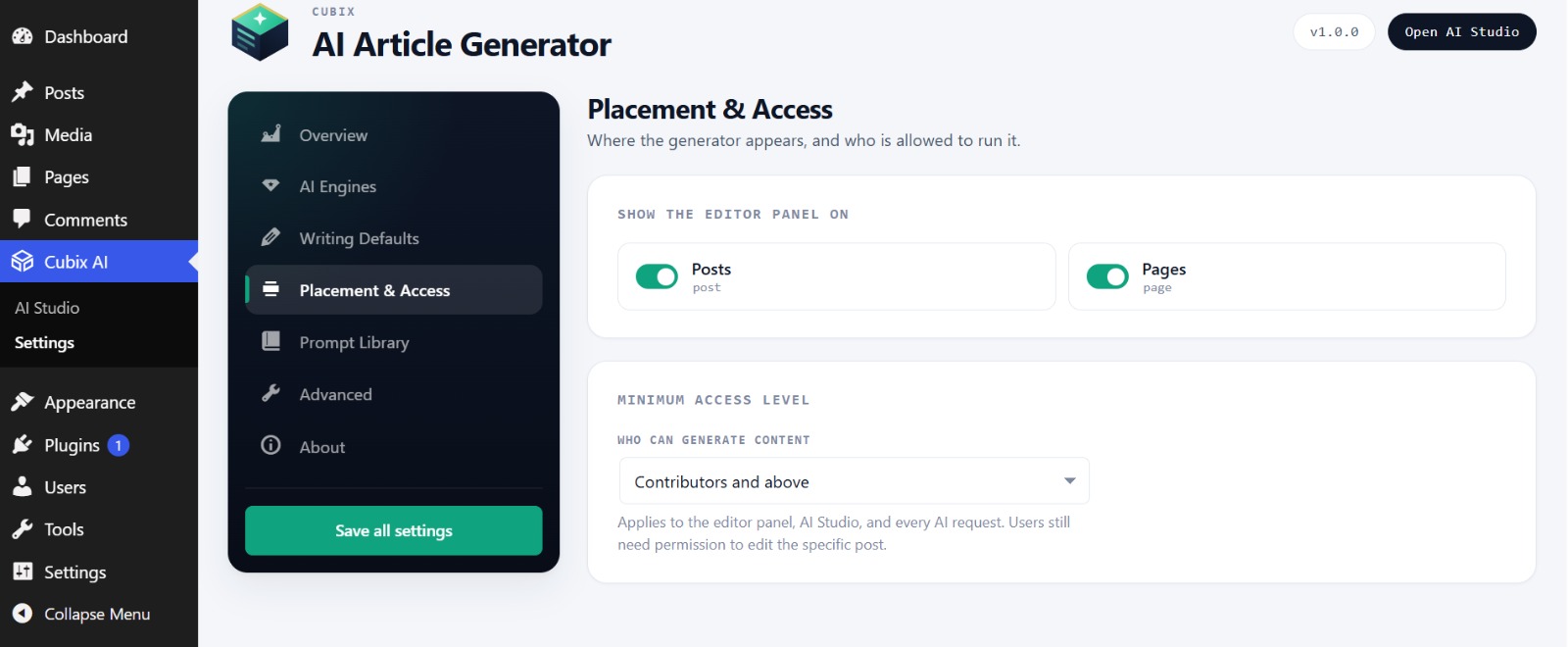 Placement & Access — choose the post types the panel appears on and the minimum role allowed to generate.