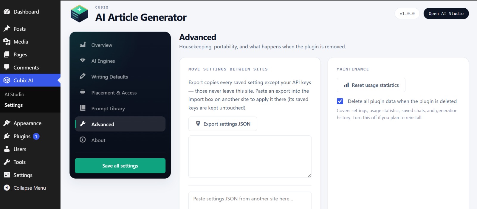 Advanced — move settings between sites with JSON export/import, and control what happens on delete.