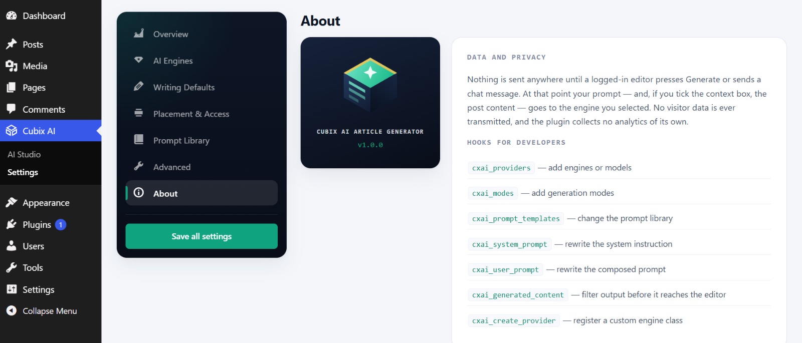 About — a plain-language data and privacy summary plus the developer hooks.