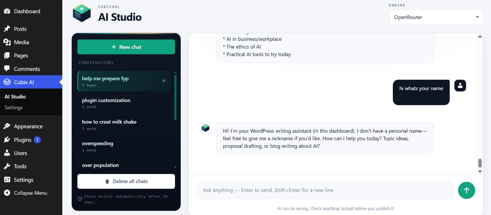AI Studio — a multi-conversation chat workspace with history, per-chat delete and engine switching.