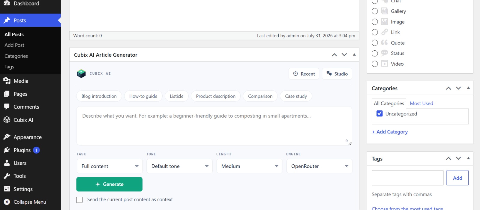 The Cubix AI panel in the post editor, with one-click prompt starters.