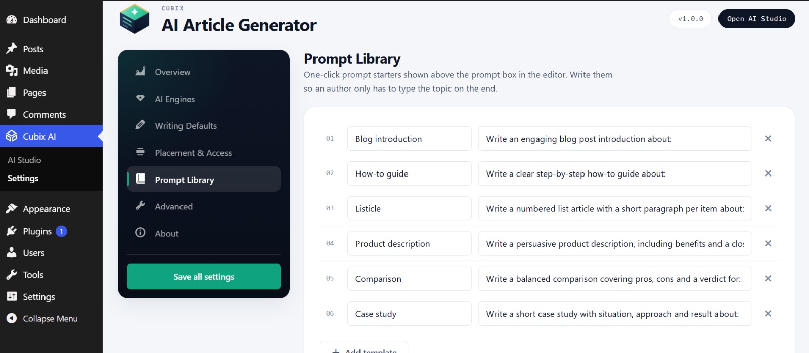 Prompt Library — replace the built-in starters with your team's own prompts.