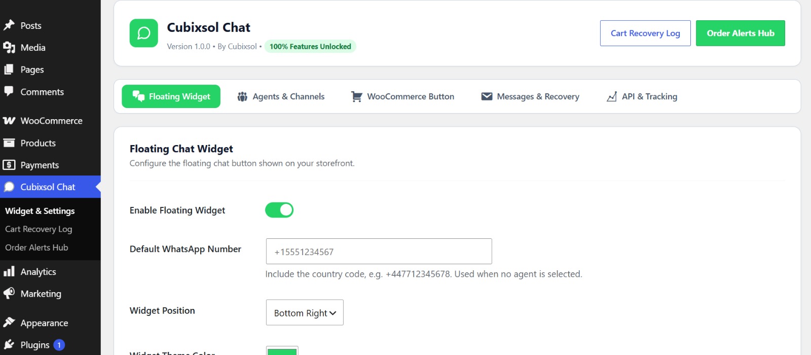Widget & Settings - the Floating Widget tab, where you enable the chat button and set the default number, position and theme colour.