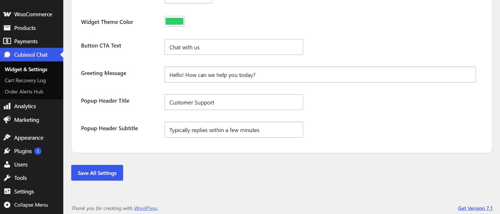 Floating Widget tab continued - call-to-action text, greeting message and popup header wording.