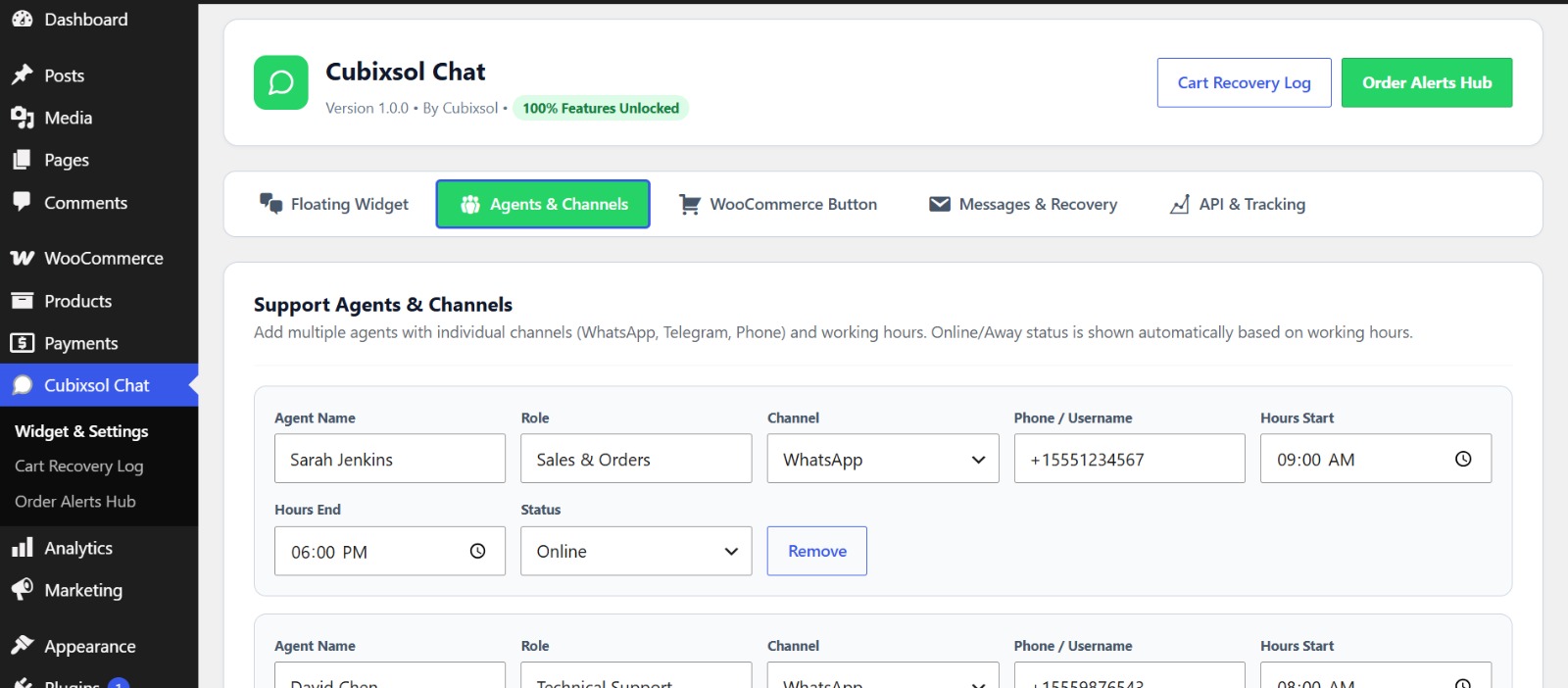 Agents & Channels - add unlimited agents, each with their own channel, number, working hours and online status.