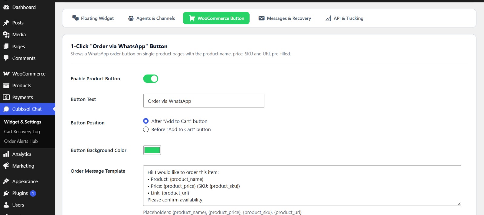 WooCommerce Button - the 1-click order button for single product pages, with position, colour and an editable message template.