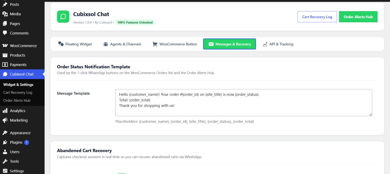 Messages & Recovery - order status notification template and abandoned cart recovery settings.