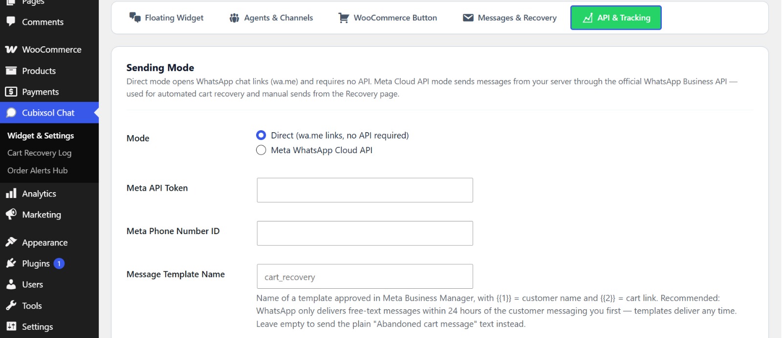 API & Tracking - choose between Direct wa.me links or the Meta WhatsApp Cloud API, with template configuration.