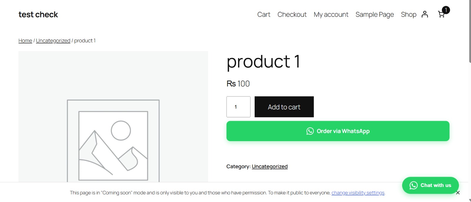 Storefront view - the "Order via WhatsApp" button on a product page and the floating chat widget.
