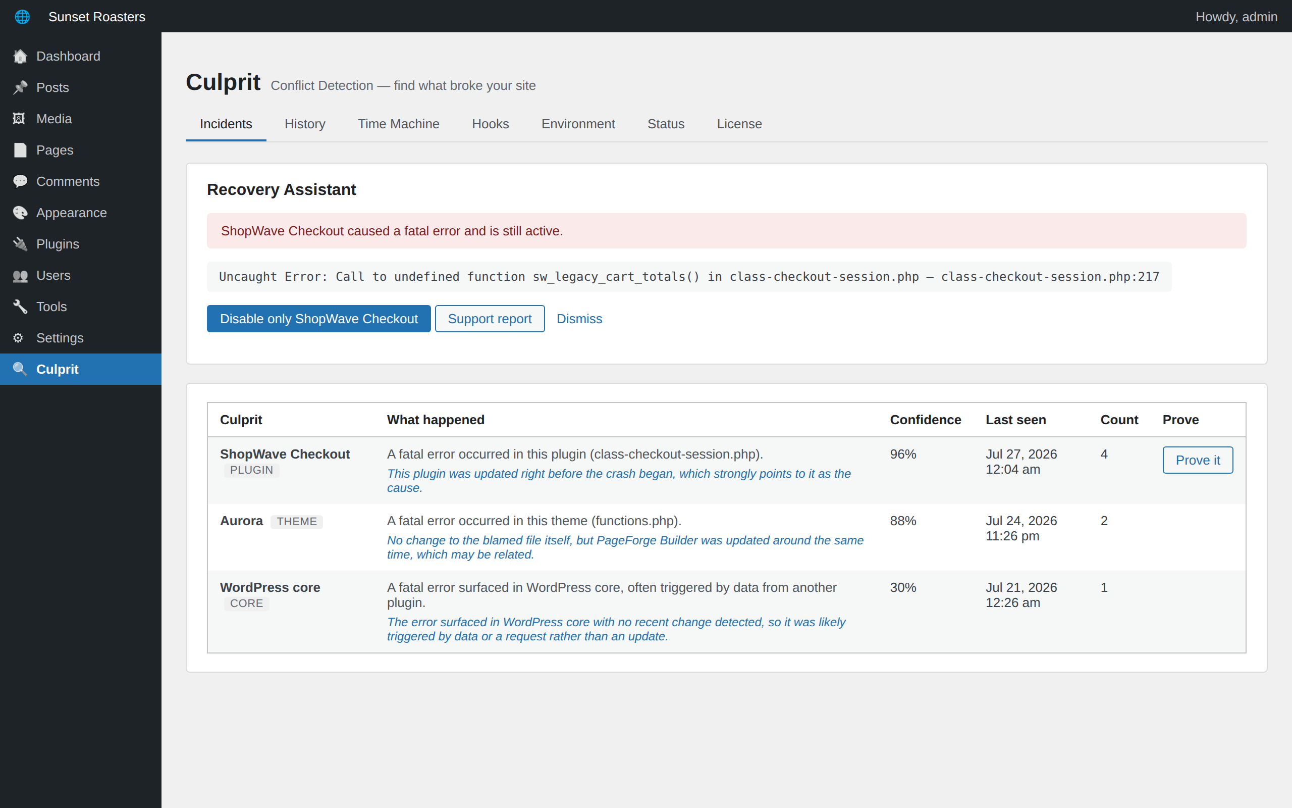 Incidents — Culprit names the plugin or theme that broke your site, in plain English, with confidence and occurrence counts.