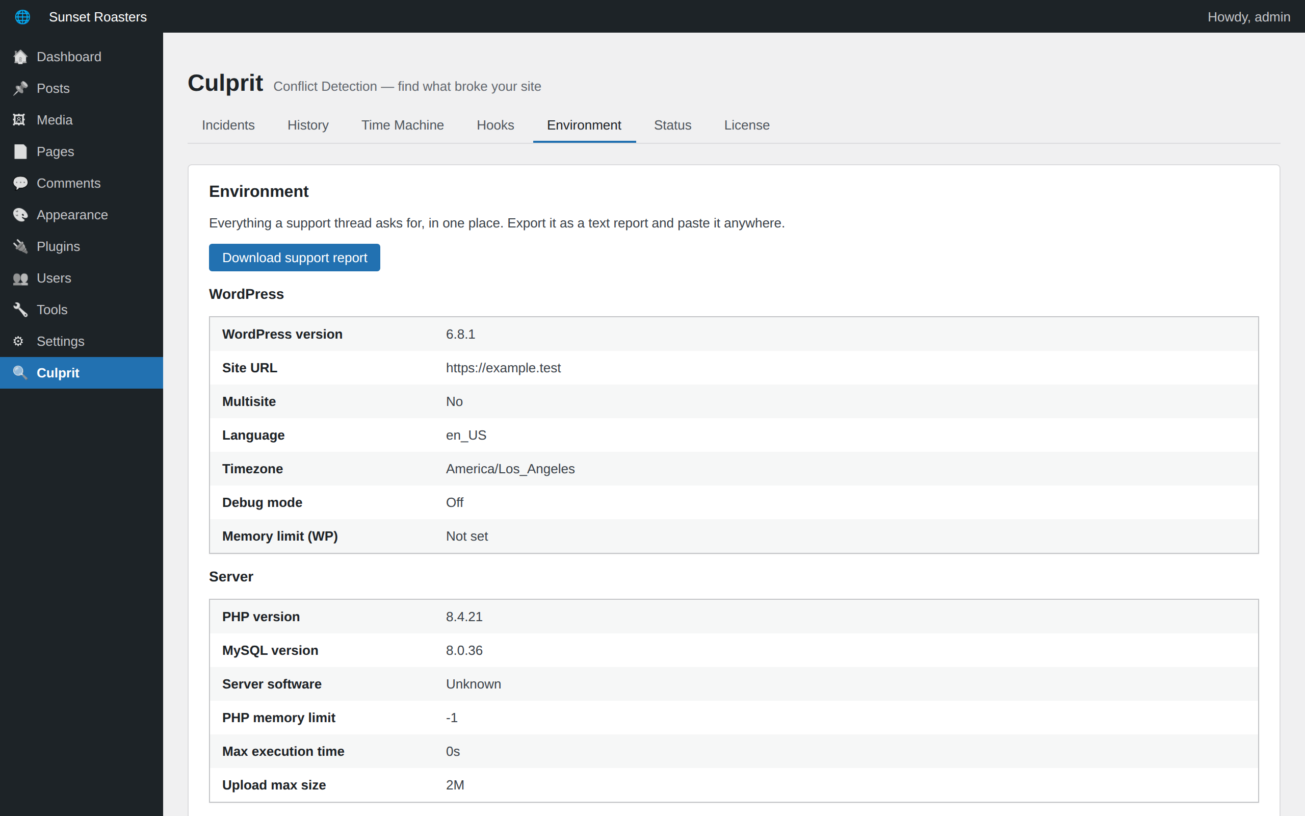 Environment report (free) — WordPress, PHP, database, server, caching, theme, and plugin versions in one place, downloadable as a support report.