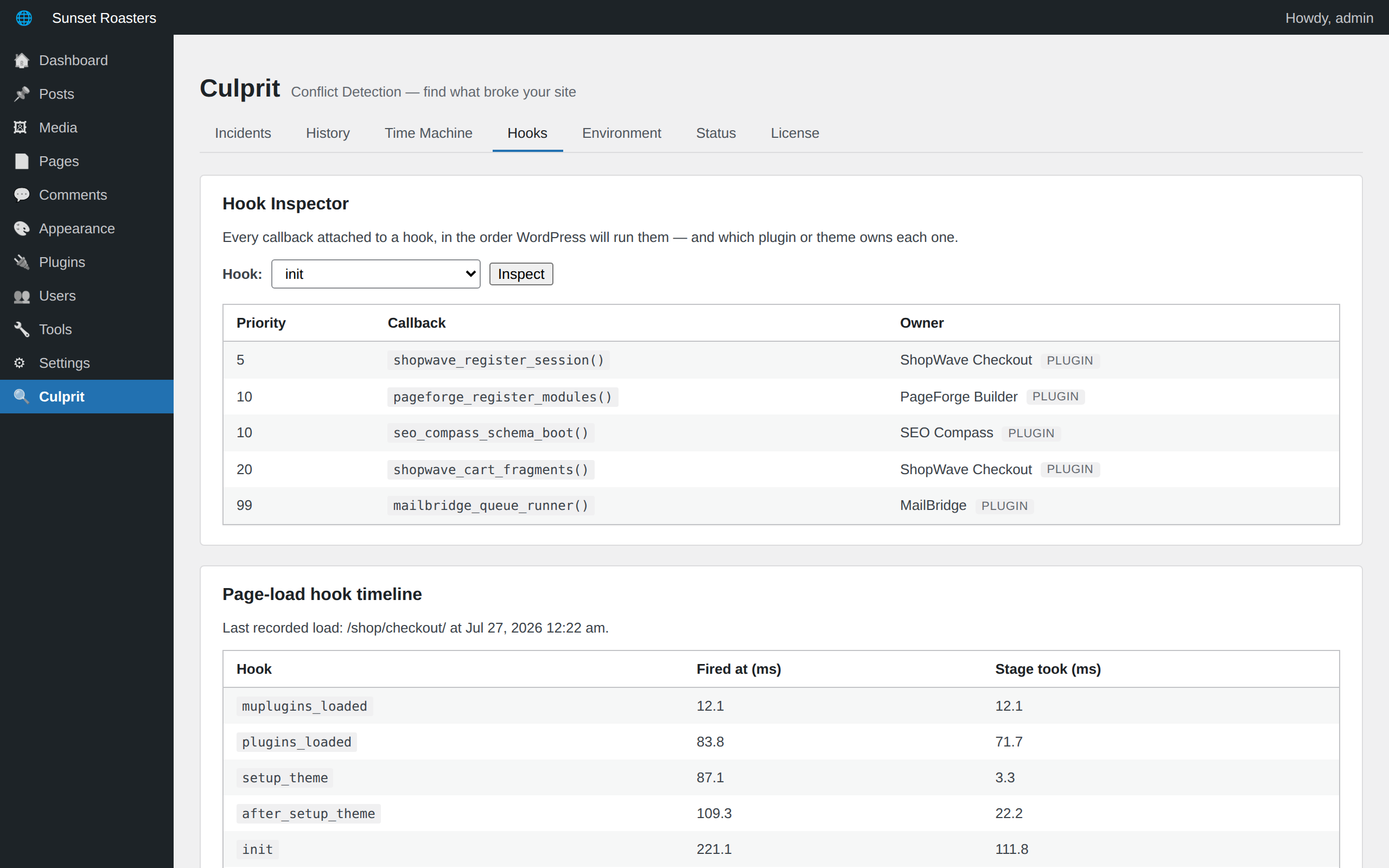 Hook Inspector (Premium) — every callback on any hook, in execution order, with the plugin or theme that owns it, plus a page-load timeline.