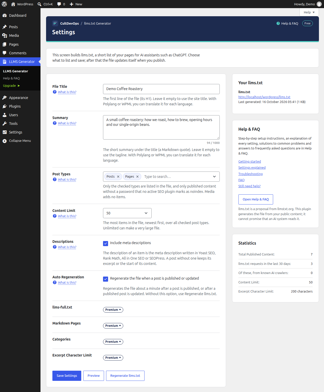 The settings screen: file title, summary, post types and content limit, with the address of your llms.txt.