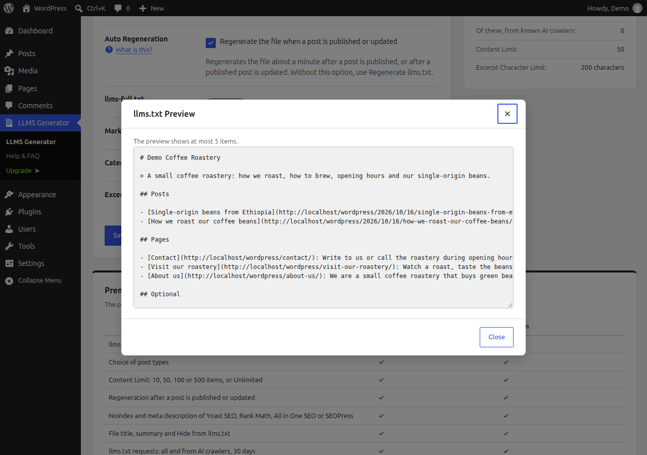 The preview window with the first items of the file.