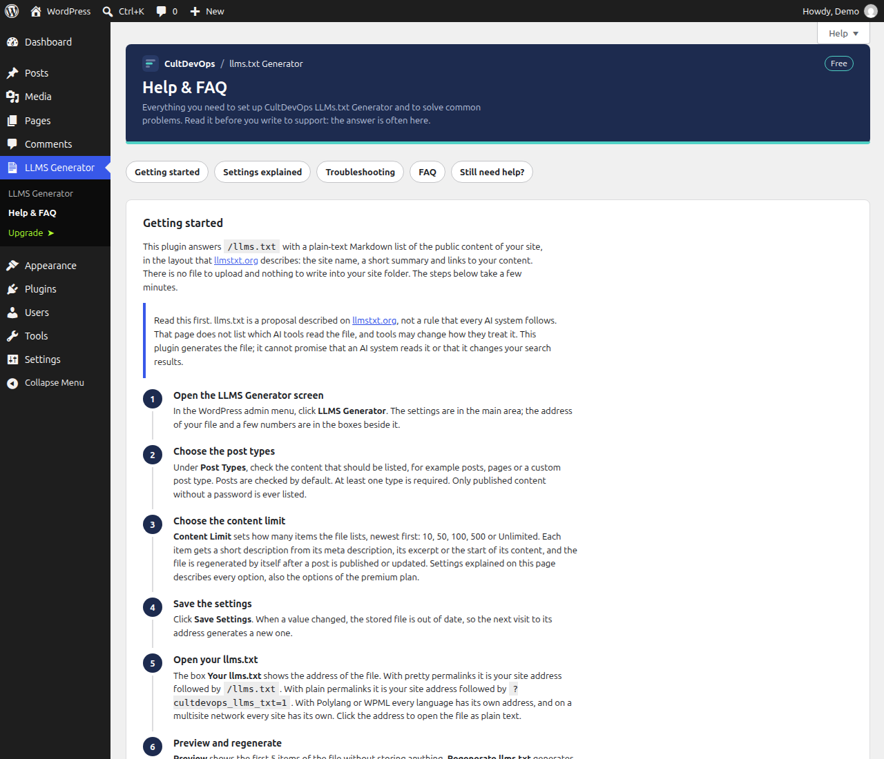 Help & FAQ: setup steps, settings explained, troubleshooting and system information.