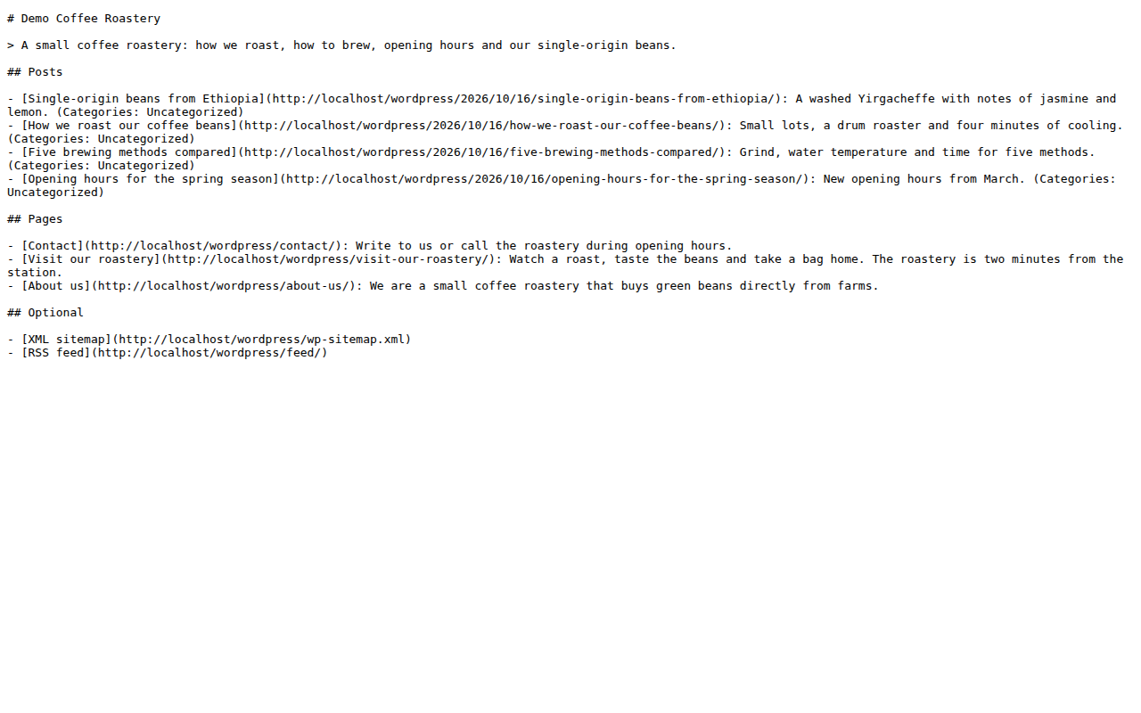 The generated llms.txt file opened in a browser.