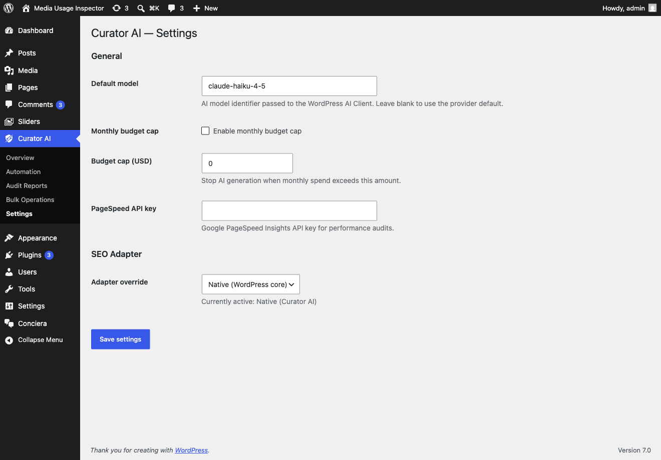 Settings: choose your SEO adapter, set a monthly budget cap, and add an optional PageSpeed Insights API key.
