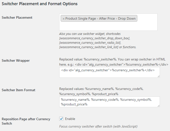 Currency Switcher for WooCommerce - General - Switcher Placement and Format.