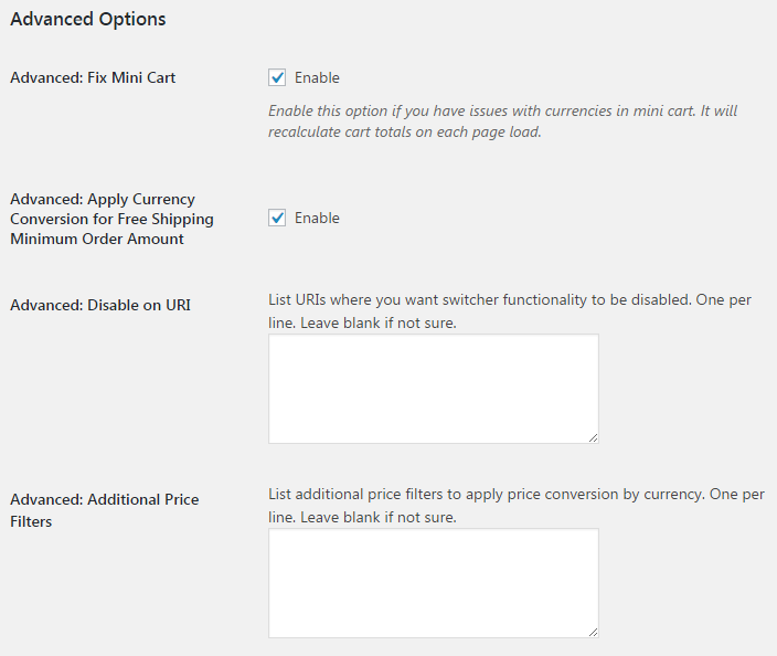 Currency Switcher for WooCommerce - General - Advanced Options.