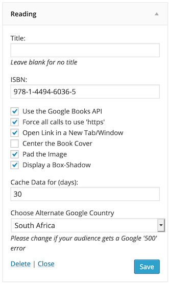 The default "Widget" configuration, with the Google Country set to South Africa and an ISBN-13.